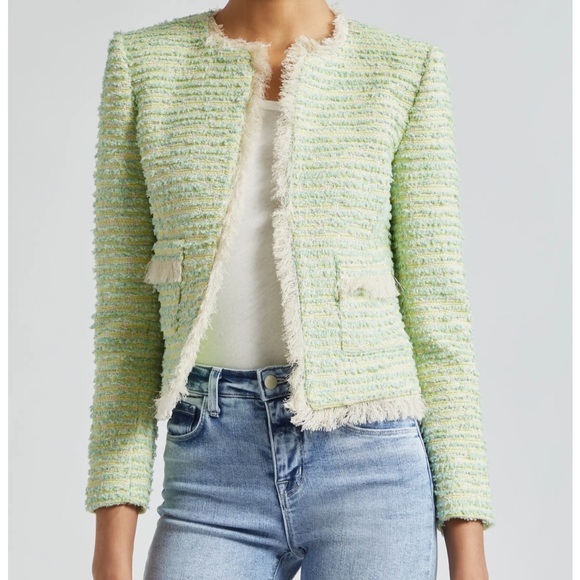 L'AGENCE Jackets & Blazers - L'AGENCE Angelina Fray Tweed Jacket Open Front Blazer in Light Green Size 14